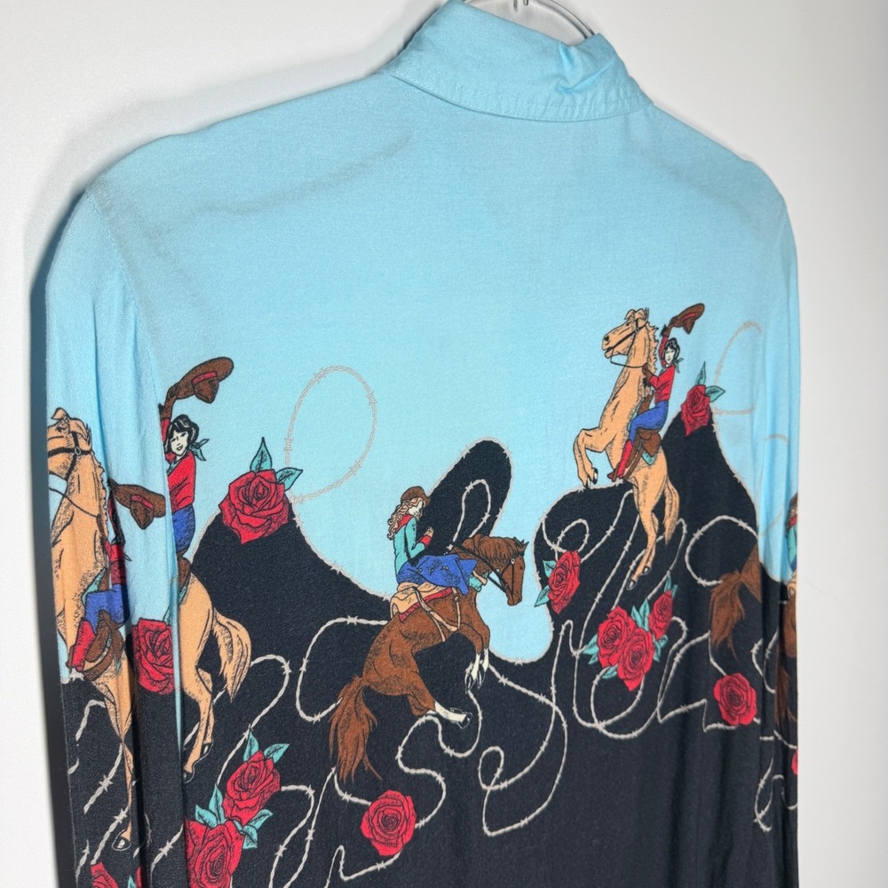 Roper Cowgirl Rider Western Shirt Blue Black Rayon - See measurements - Picture 7 of 10